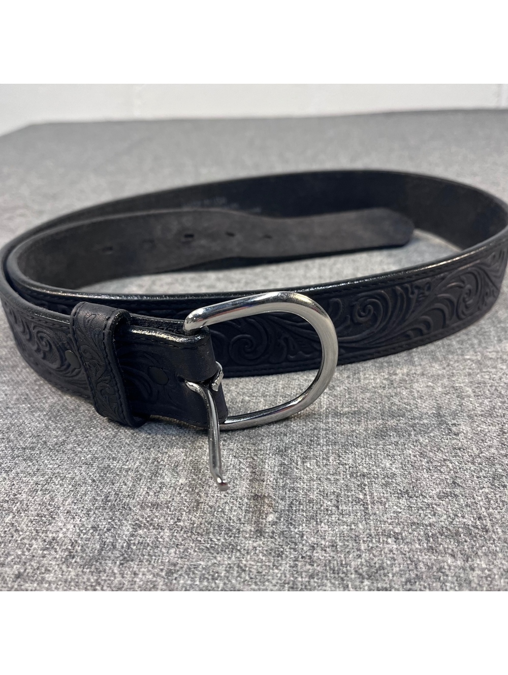 Justin Men's Silver Buckle Black Western Scroll Tooled Leather Belt 53903, 40in